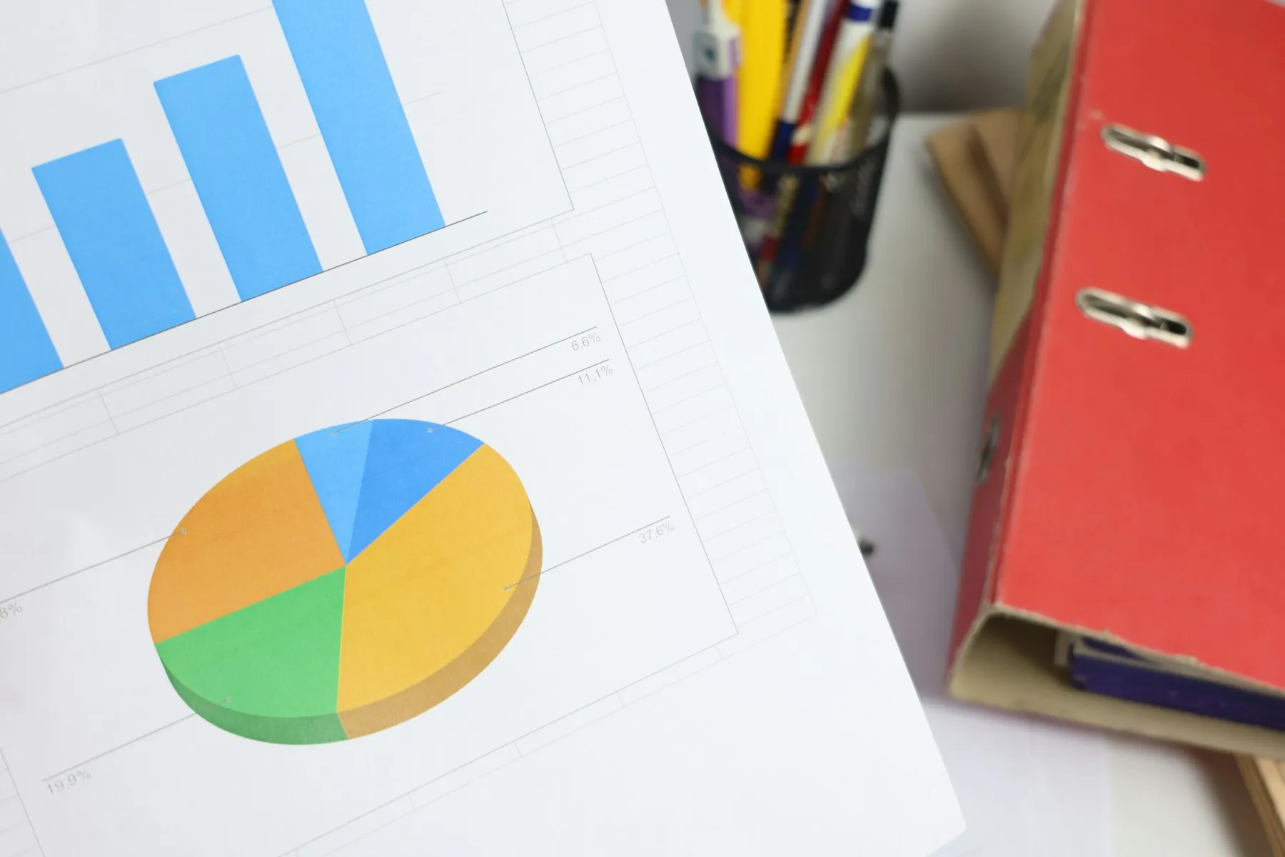 Bar and pie charts printed on a document