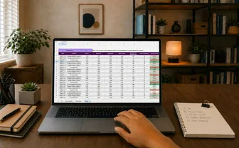A hand operating a laptop showing a data spreadsheet