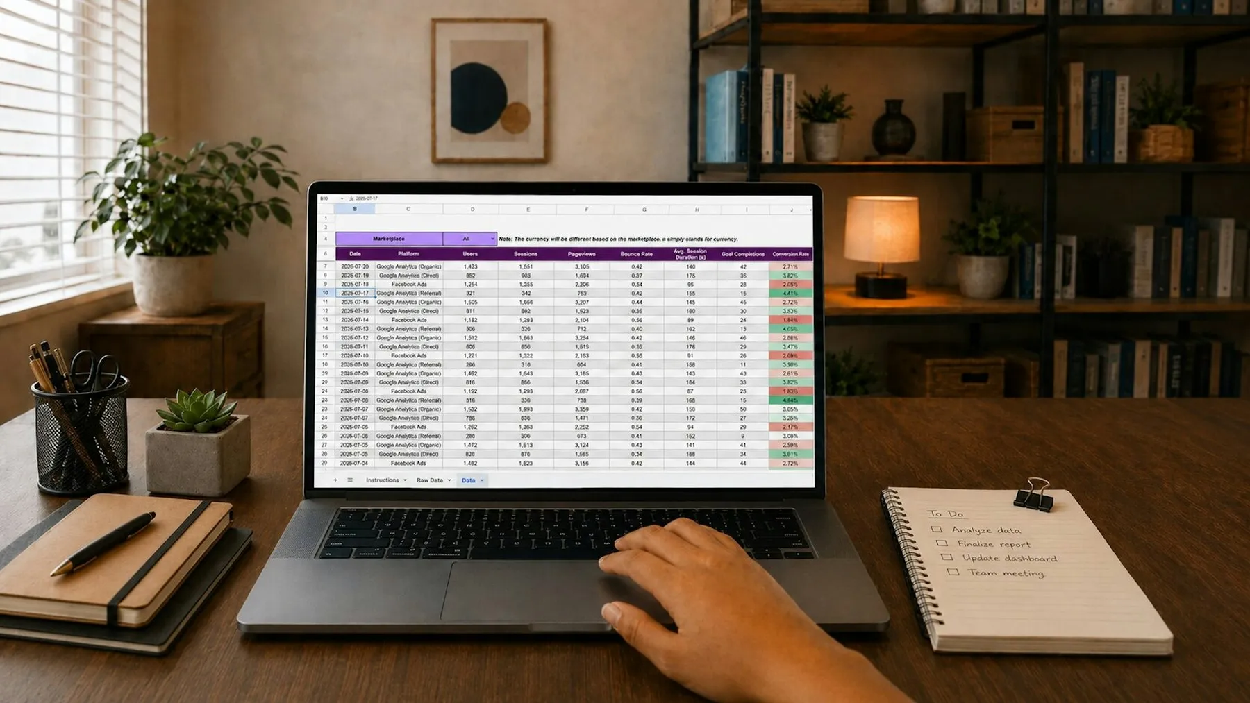 A hand operating a laptop showing a data spreadsheet