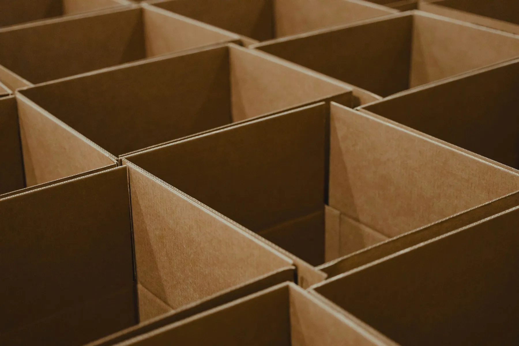 A grid of open corrugated cardboard boxes